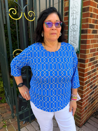 Lulu B Bright Periwinkle Lattice Crew Neck 3/4 Sleeve Top