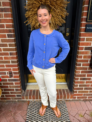 Escape by Habitat Baja Blue French Terry Scoop Neck Button Cardigan