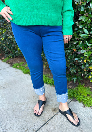 Lulu B Dark Wash Denim Cuff Pearl Pant