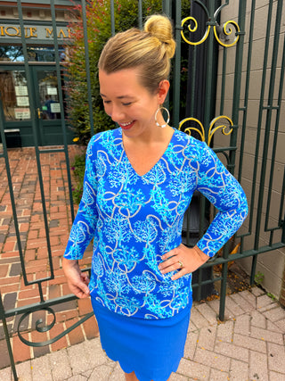 Lulu B Blue Corals V-Neck Top