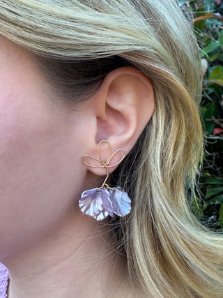 Gold Pale Purple Mother of Pearl Flower Earrings