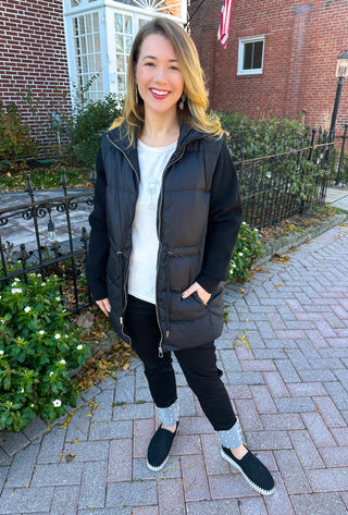 Claire Down Black Puffer Jacket With Knit Sleeve