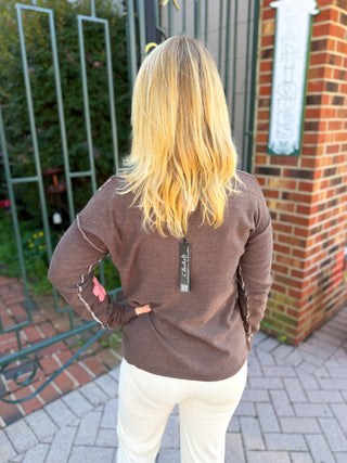 Charlie B Reversible Floral V-Neck Sweater in Coffee