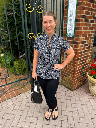 Beachtime by Lulu B Black Flower Power Short Sleeve Zip Top