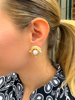 Decorated Dome Shape Earrings Cream