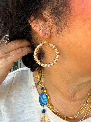 Pearl and Gold Beaded Hoop Earrings