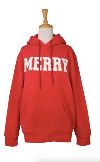 MERRY Chenille Letter Hooded Sweatshirt Red