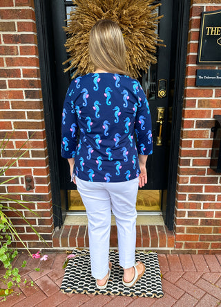 Lulu B Navy Seahorse V-Neck 3/4 Sleeve Top