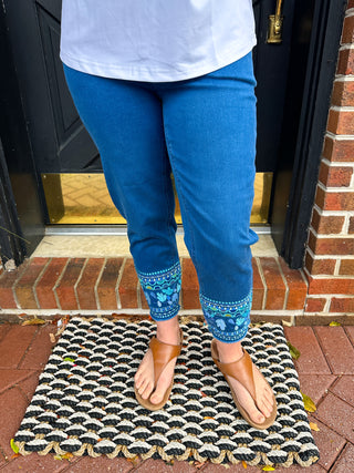 Lulu B Dark Denim Leaves Embroidered Capri