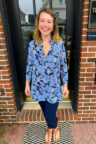 Beachtime by Lulu B Navy Hibiscus Button Tunic
