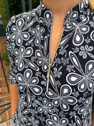 Beachtime by Lulu B Black Flower Power Short Sleeve Quarter Zip Pocket Dress