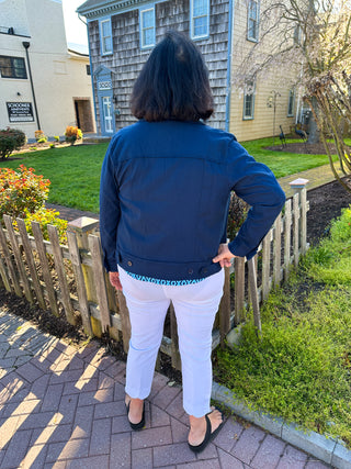 Lulu B Chic Navy Frayed Edge Linen Zip Jacket