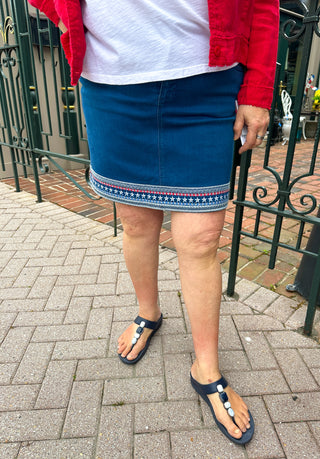 Lulu B Clear Denim Embroidered Stars and Stripes Pull on Jean Skort