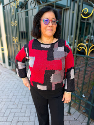 Olivia by Habitat Abstract Color Block Scoop Neck Sweater Black