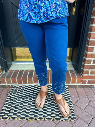 Lulu B Dark Wash Denim Sparkle Flower Capri