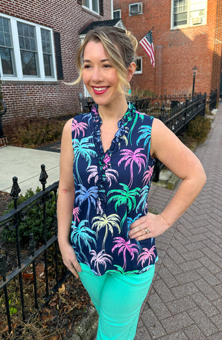 Beachtime by Lulu B Little Ruffle Neck Sleeveless Top Neon Palms