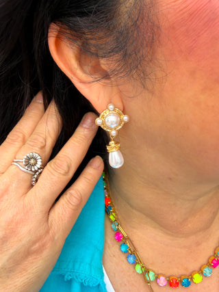 Antique Stone & Pearl Drop Earrings Gold