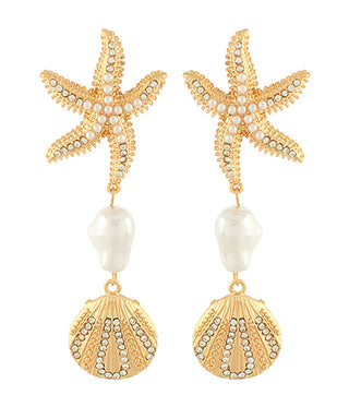 Linked Starfish Shell Baroque Pearl Earrings Gold