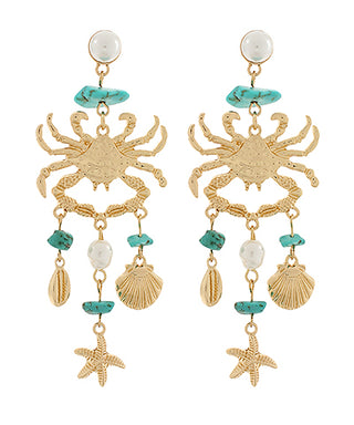 Crab & Sealife Theme Dangle Earrings Turquoise