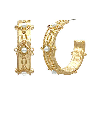Pearl & Antique Textured Hoops Gold