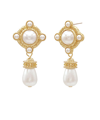 Antique Stone & Pearl Drop Earrings Gold