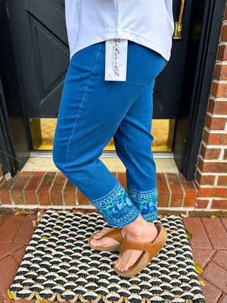 Lulu B Dark Denim Leaves Embroidered Capri