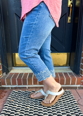 EverStretch Straight Capri with Bottom Embroidery Medium Denim