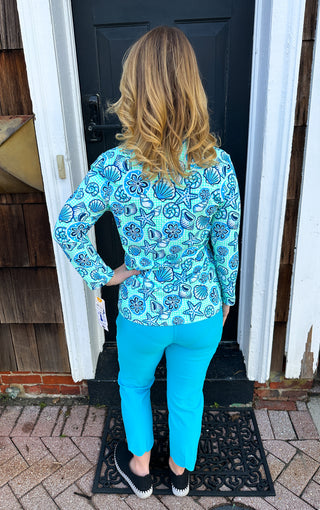 Lulu B Gingham Seafoam Shells Long Sleeve Collar Top