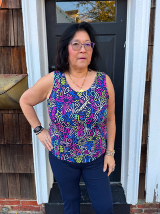 Beachtime by Lulu B Navy Neon Abstract Basic Tank