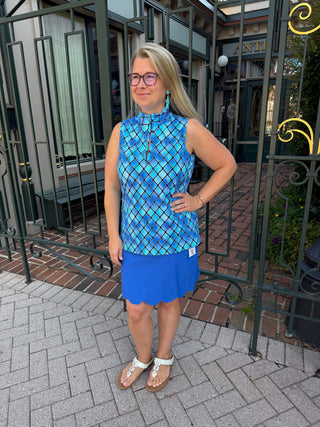 Beachtime by Lulu B Blue Window Pane Sleeveless Zip Up Top