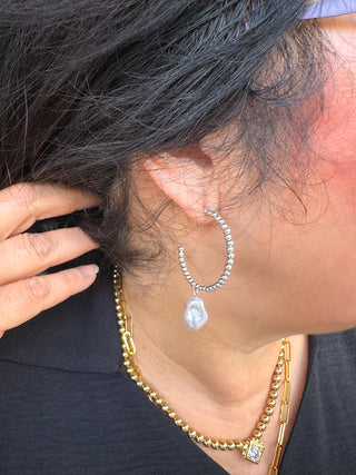 Silver Hoop Pearl Dangle Earrings