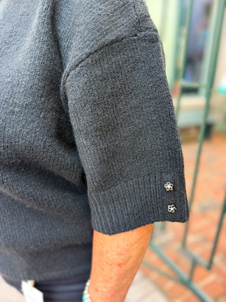 Charlie B Button Cuff Elbow Sleeve Mock Neck Sweater