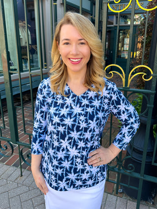 Beachtime by Lulu B Navy Palm V-Neck Top