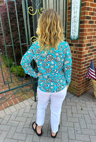 Lulu B Clear Turquoise Shells Quarter Zip Pullover