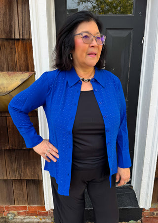 Tango Mango Chic Blue Embellished Textured Button-Up Blouse