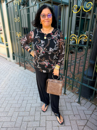 Tango Mango Black Baroque Floral Lined Mesh Blouse