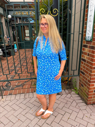 Beachtime by Lulu B Periwinkle Flower Power Short Sleeve Quarter Zip Pocket Dress