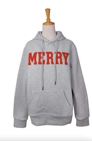 MERRY Chenille Letter Hooded Sweatshirt Grey