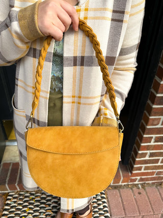 Luna Crescent Braided Mustard Crossbody Handbag