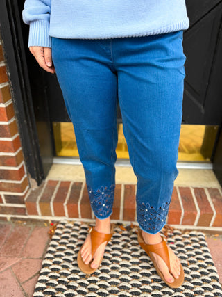 Lulu B Dark Wash Denim Sparkle Flower Capri