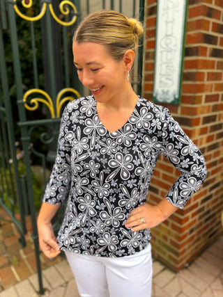 Beachtime by Lulu B Black Flower Power V-Neck Top
