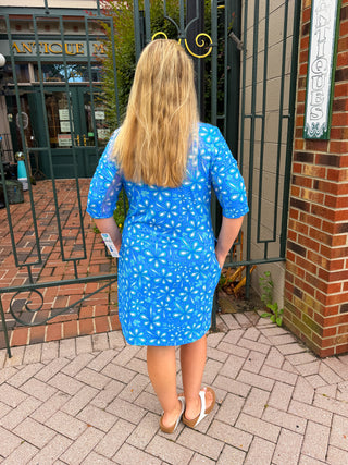 Beachtime by Lulu B Periwinkle Flower Power Short Sleeve Quarter Zip Pocket Dress