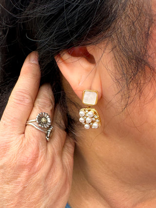 Gold and Pearl Block Earring