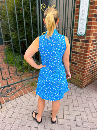 Beachtime by Lulu B Periwinkle Flower Power Sleeveless Ruffle Neck Dress