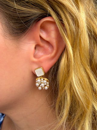 Gold and Pearl Block Earring