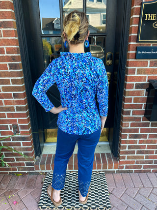 Lulu B Ruffle Neck Dark Blue Vine Top