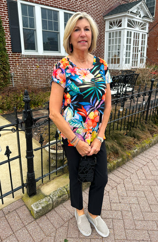 Vibrant Tango Mango Tropical Floral Scoop Neck Tee