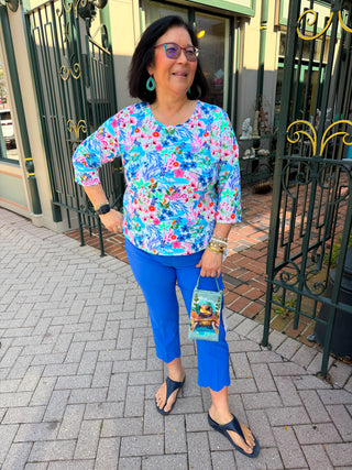 Lulu B Multicolor Dragonfly Crew Neck 3/4 Sleeve Top