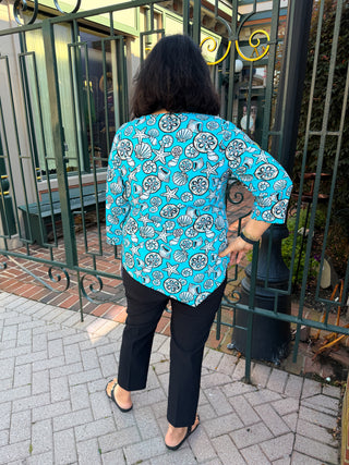 Lulu B Clear Turquoise Shells Asymmetrical Scoop Neck Top
