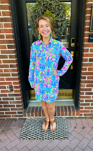 Beachtime by Lulu B Modern Mosaic Long Sleeve Collar Dress